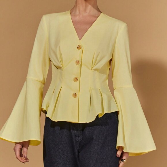 Light Yellow Elegant Women's Deep V-Neck Flare Sleeve Blouse - Picture 4 of 7